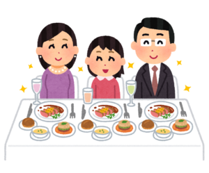 豪華な食事をする家族のイラスト